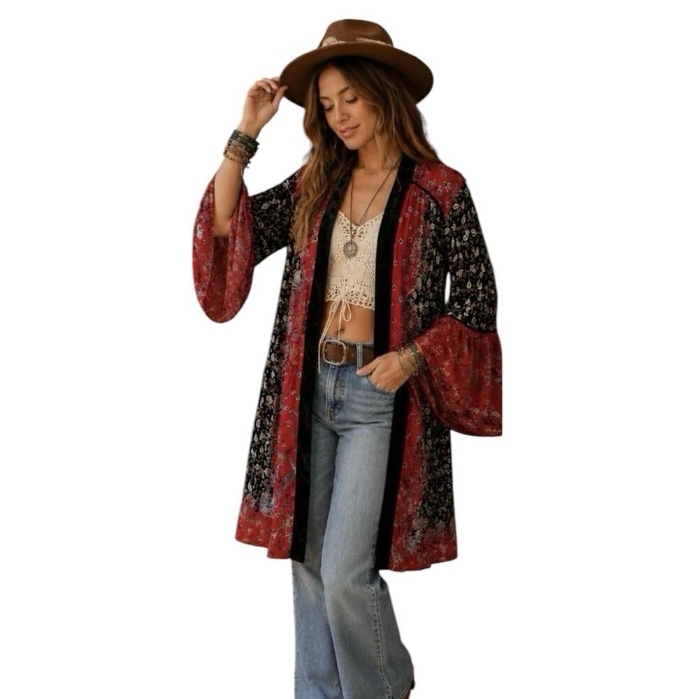 A BEAUTIFUL SOUL Women's OS Rayon Velvet Open Kimono Duster Top Red Paisley